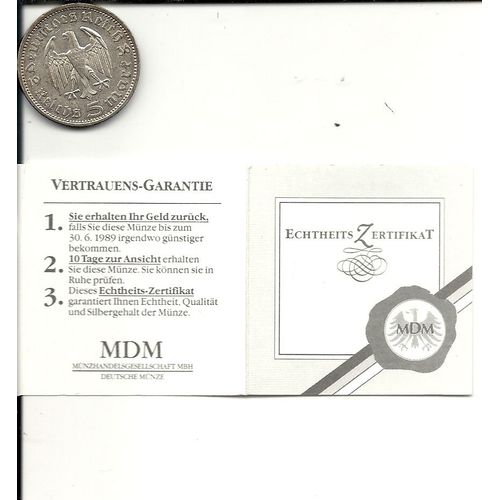 5 Deutsch Mark 1936  Paul Von Hindenburgsilber 900/1000