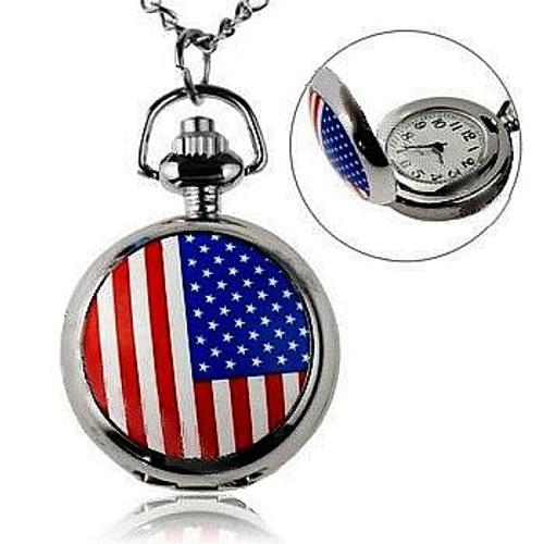 Mini Montre À Gousset / Pendentif - Drapeau Américain / Etats  Unis D'amérique / Usa / - Acier, Ø 29 Mm