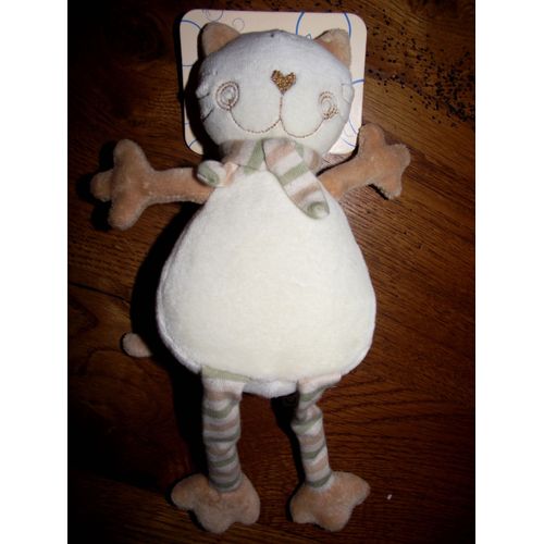 Doudou Chat Cp International Peluche Beige Vert Marron 26 Cm
