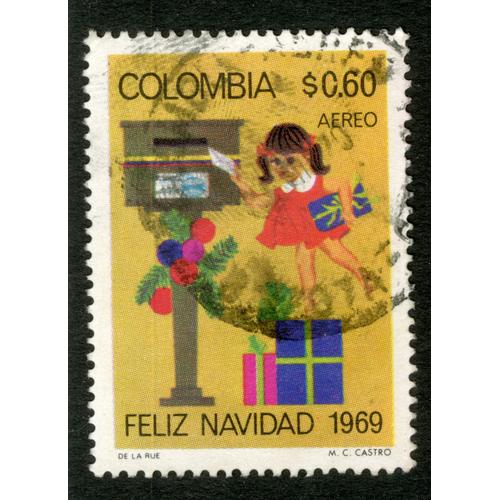 Timbre Oblitéré Colombia, Feliz Navidad 1969, Aereo, S 0.60