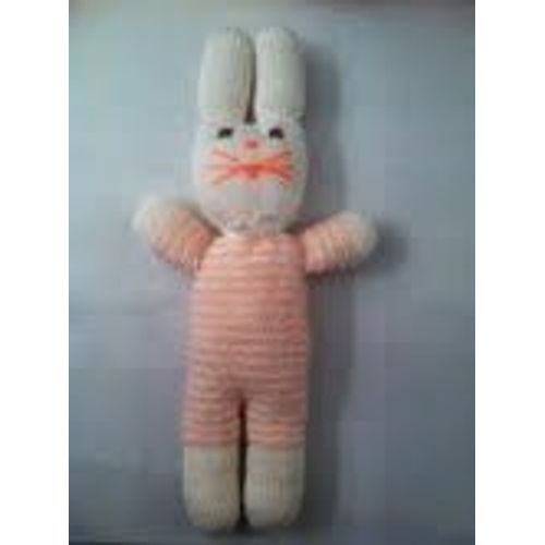 Doudou Lapin Rose Et Blanc Tricoté Avec Son Noeud