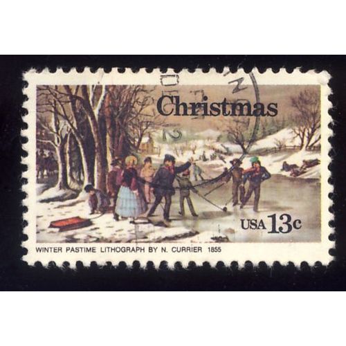 Timbre U S A, Christmas, Winter Pastime Lithographie By N. Currier 1877, U S A 13 Cents Oblitéré
