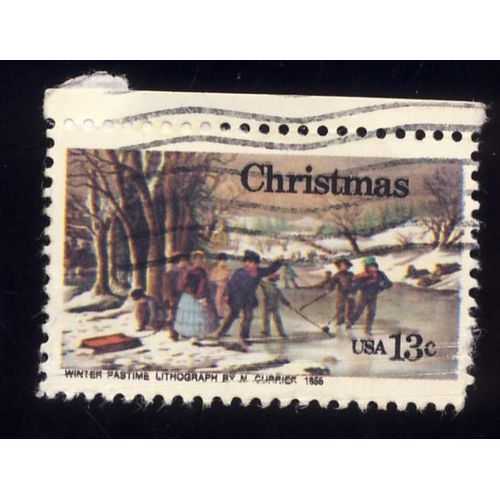 Timbre U S A, Christmas, Winter Pastime Lithographie By N. Currier 1877, U S A 13 Cents Oblitéré