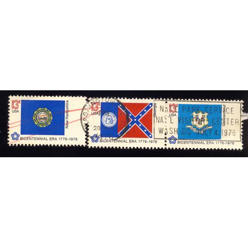 Timbre U S A, Bicentennila E R A 1776-1976, 1) New Hampshire, 2) Georgie, 3)  Connecticut, Usa 13 Cents, Oblitéré
