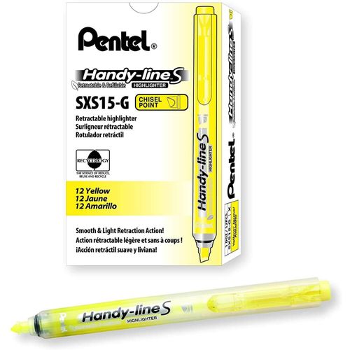 Pentel Lot De 12 Surligneurs Handy-Line S Rétractable/Rechargeable Jaune