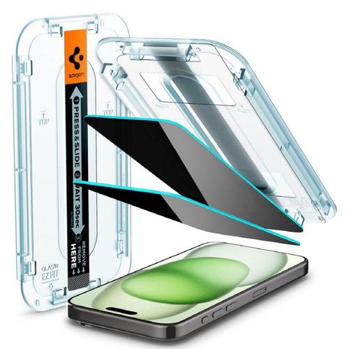 Spigen Glass Film Tr Ez Fit Privacy Iphone 15 Plus Lot De 2, Kit De Montage