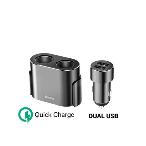 Chargeur De Voiture Baseus Double Usb + Répartiteur Double Noir