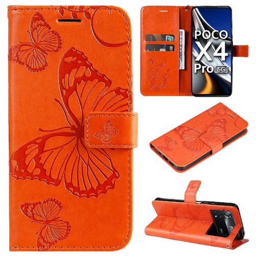 Étui Pour De Téléphone Xiaomi Poco X4 Pro 5g Couverture Magnétique Flip Kickband Avec Support De Fente Pour Carte Cuir Pu Couverture Antichoc - Orange