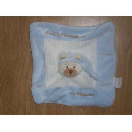 Doudou Plat Bleu Et Blanc  Éveil & Et Tendresse Tête D ' Ours Bear Bar Orso Inscription Natoudou