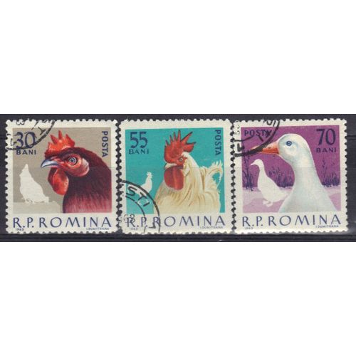 Roumanie 1963 : Animaux De Basse-Cour : Poule / Coq / Canard - Série De 3 Timbres Oblitérés