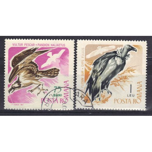 Roumanie 1967 : Oiseaux De Proie : Balbuzard Pêcheur / Vautour Fauve - Série De 2 Timbres Oblitérés