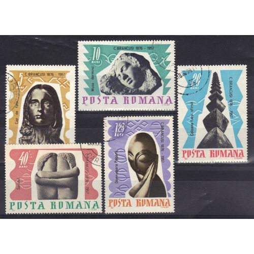 Roumanie 1967 : 10è Anniversaire De La Mort Du Sculpteur C. Brancusi (1876-1957) : Sculptures - Série De 5 Timbres Oblitérés