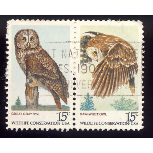 Timbre U S A, 1) Great Gray Ow ; 2) Saw-Whet Owl, Wildlife Conservation U S A, 15 Cents, Oblitérél