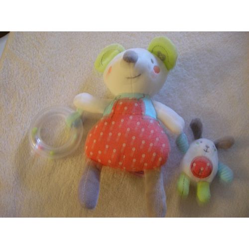 Doudou Peluche Souris Pommette, Avec Son Hochet Et Son Doudou,Bruit De Froissement Dans Le Ventre Et Les Oreilles ,Robe Pois Rouge