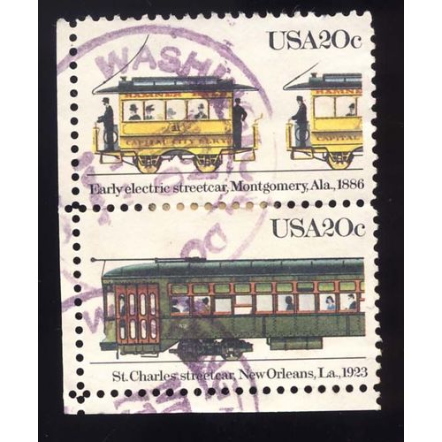 Timbre U S A, 1) Early Electric Streetcar Montgomery Al. 1886, U S A 20 Cents, Oblitéré