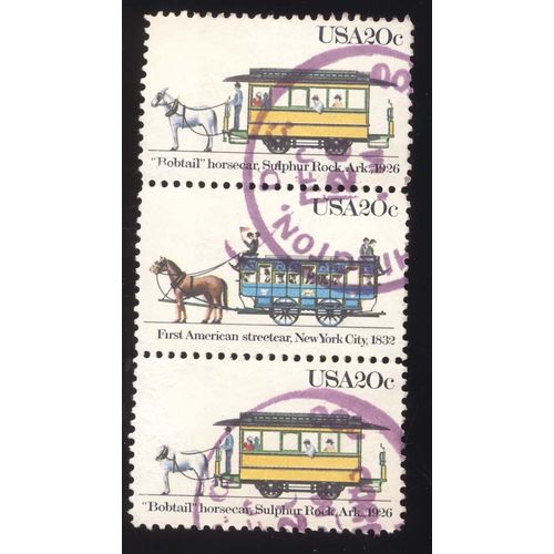 Timbre U S A, 1) "Bobtail" Horsecar, Sulphur Rock Ark. 1926 ; 2) First American Streetcar, New York City 1832 ; 3)  "Bobtail" Horsecar, Sulphur Rock Ark. 1926, U S A 20 Cents, Oblitéré