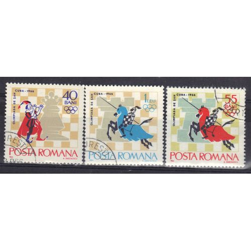 Roumanie 1966 : 17è Tournoi International D'échecs, À La Havane (Cuba) - Série De 3 Timbres Oblitérés