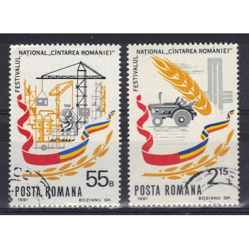 Roumanie 1981 : "Cintarea Romaniei", Festival National : Construction / Agriculture - Série De 2 Timbres Oblitérés