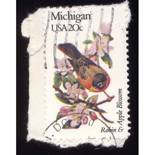 Timbre U S A, Michigan, Robin & Apple Blossom, U S A 20 Cents, Oblitéré