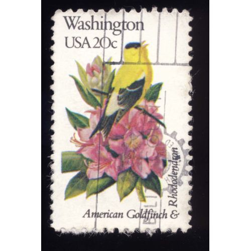 Timbre U S A, Washinton, American Goldfinch & Rhododendron, U S A 20 Cents, Oblitéré