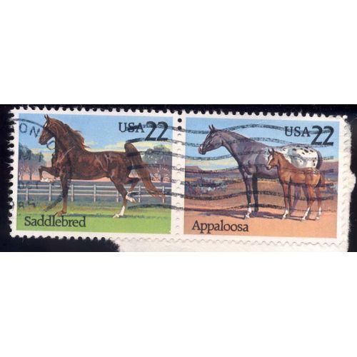 Timbre U S A, 1) Saddlebred ; 2) Appaloosa, U S A 22 Cents, Oblitéré
