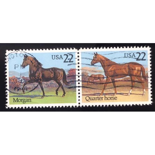 Timbre U S A, 1) Morgan ; 2) Quarter Horse, U S A 22 Cents, Oblitéré En 1986