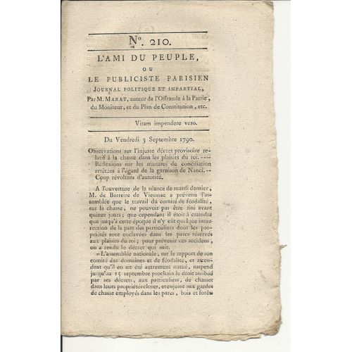L'ami Du Peuple Ou Le Publiciste Parisien N°210 Journal Politique Et Impartial Par M. Marat