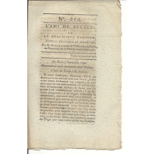 L'ami Du Peuple Ou Le Publiciste Parisien N°214 Journal Politique Et Impartial Par M. Marat