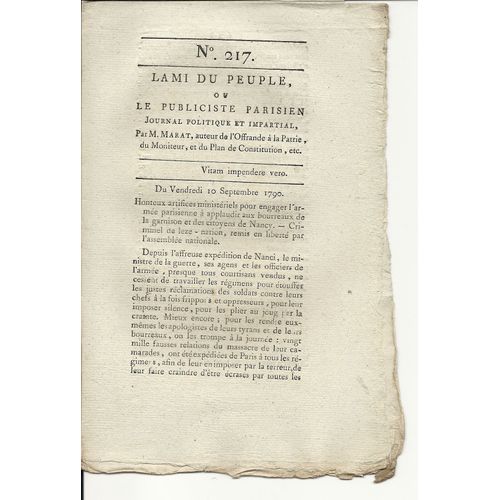 L'ami Du Peuple Ou Le Publiciste Parisien N°217 Journal Politique Et Impartial Par M. Marat