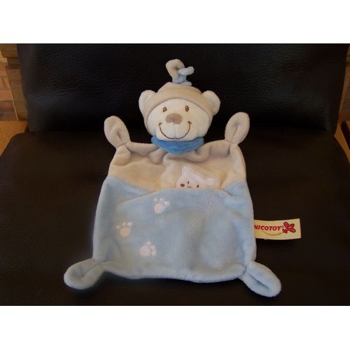 Doudou Plat Ours Nicotoy Beige Bleu Bonnet Pattes Ours Brodees