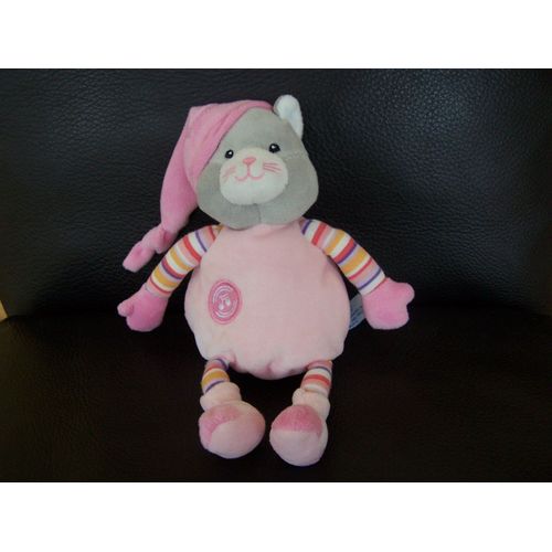 Doudou Chat Gipsy Musical Gris Rose Grand Bonnet Pattes Rayees
