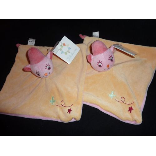 Lot De 2, Doudou Kiabi, Kitchoun, Créativtoys, Chat Ours Fée, Rose Jaune, Plat Carré