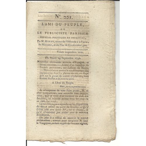 L'ami Du Peuple Ou Le Publiciste Parisien N°221 Journal Politique Et Impartial Par M. Marat