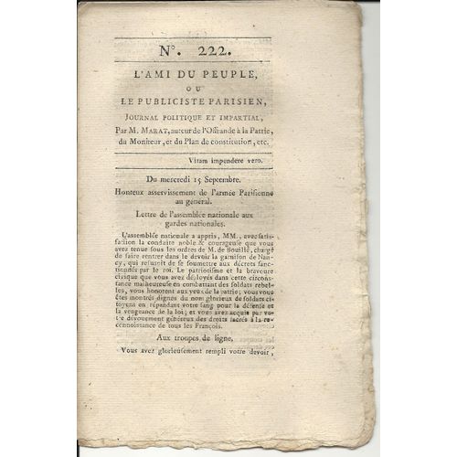 L'ami Du Peuple Ou Le Publiciste Parisien N°222 Journal Politique Et Impartial Par M. Marat