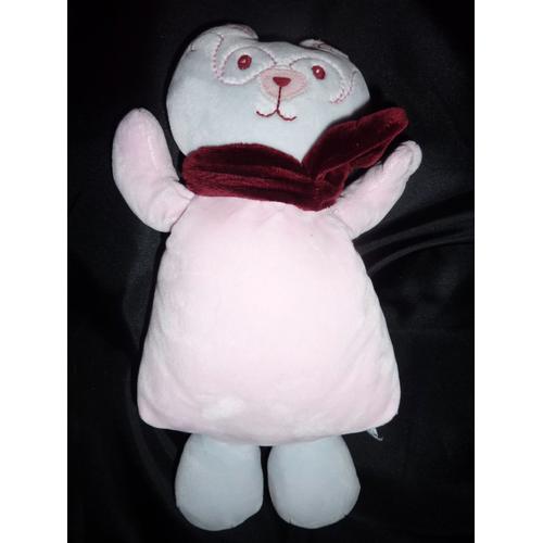 Doudou "Nounours", Peluche Chat Rose Bleu Écharpe Bordeaux, 30 Cm