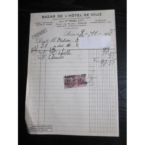 Timbre Fiscal  55 Centimes Sur Facture Bazar Hôtel De Ville, 1938