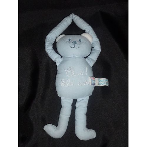 Doudou "Sucre D'orge", Peluche Ours, Tissus Bleu, "Chut Bébé Dort"