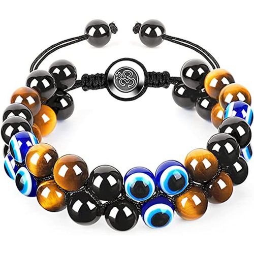 8mm Bleu Oeil De Tigre Pierre Bracelet Aimant Noir Double Main Tress Agate Noire Bracelet Double Range Hommes-Yeux Bleus + Yeux De Tigre Jaune + Verre Noir