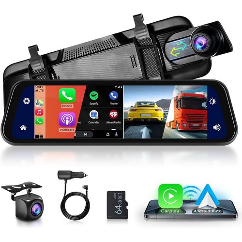 9.66 Inch Dashcam Rearview Mirror & Reversing Camera with Wireless Bluetooth Carplay Android Car Touch Screen Night Vision G-Sensor 32GB SD Card [1080P,720P,140 Front,170 Rear]