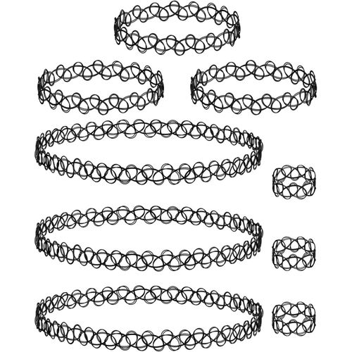 9 Pcs Choker Chane Ensemble,Collier lastique Tour Cou Extensible Collier Bracelet Anneau,Jarretire De Mode Bijoux De Mode Bijouterie,Pour Filles Enfants Femmes En Caoutchouc lastique