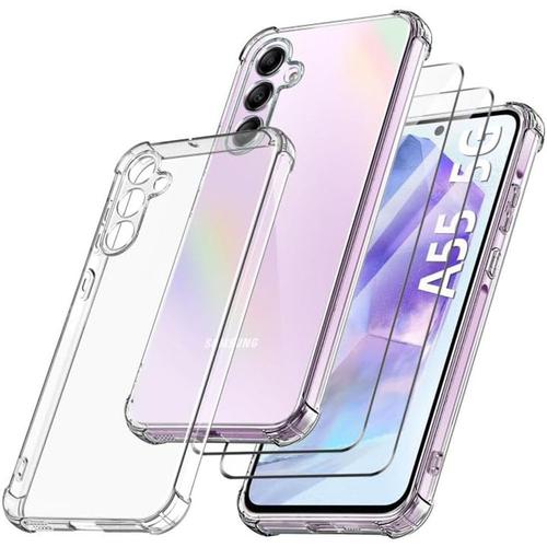 Coque Pour Samsung Galaxy A55 5g - Tpu Antichoc Transparente + 2 Verres Trempés Vitre Protection - E.F.Connection