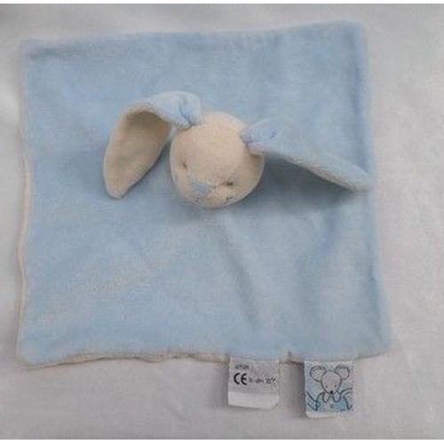 Doudou Peluche Plat Carré Lapin Bleu Dessous Blanc Amtoys