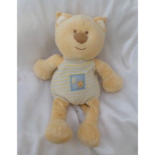 Doudou Peluche Chat Rayures Bleu Jaune Blanc Mes Chouchous Amtoys 29 Cm