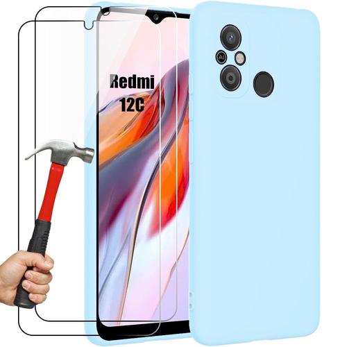Coque Pour Xiaomi Redmi 12c / Redmi 11a - Protection Silicone Liquide Mat Antichoc Slim - Bleu Ciel + 2 Verres Trempés - E.F.Connection