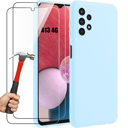Coque Silicone Pour Samsung Galaxy A13 4g (Pas Pour A13 5g), Protection Souple Slim Anti-Rayures Bleu Ciel + 2 Verres Trempés - Booling