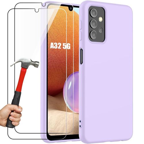 Coque Pour Samsung Galaxy A32 5g (Pas Pour A32 4g) - Protection Silicone Slim Antichoc Anti-Rayures Violet + 2 Verres Trempés - Booling