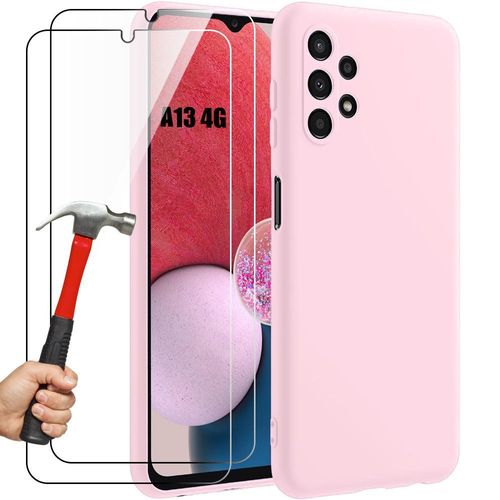 Coque Pour Samsung Galaxy A13 4g (Pas Pour A13 5g) - Protection Silicone Liquide Mat Antichoc Slim - Rose Clair + 2 Verres Trempés - Booling