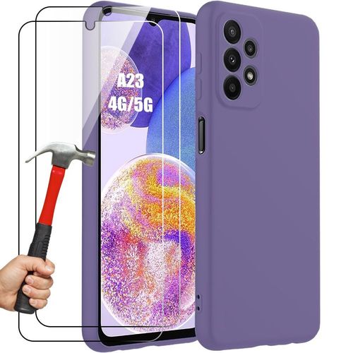 Coque Pour Samsung Galaxy A23 4g/5g - Protection Silicone Liquide Mat Antichoc Slim - Violet Foncé + 2 Verres Trempés - Booling
