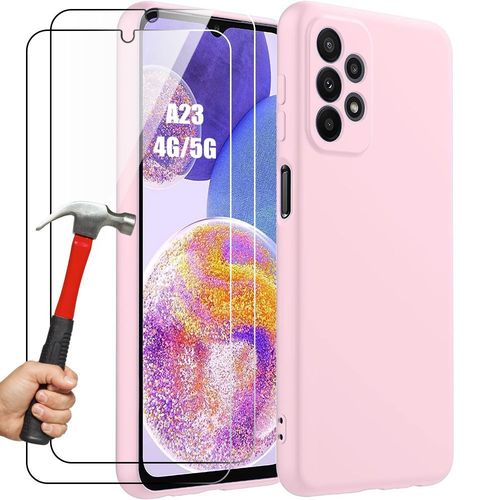 Coque Avec 2 Verres Trempés Pour Samsung Galaxy A23 5g/4g, Silicone Mat Protection Ultra Slim Souple - Rose Clair - Booling
