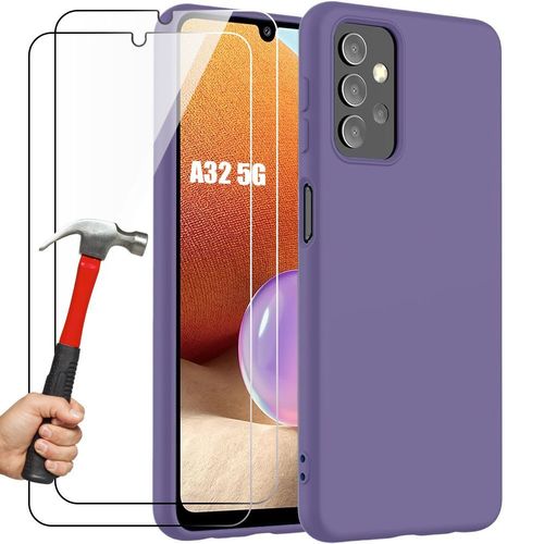 Coque + 2 Verres Trempés Pour Samsung Galaxy A32 5g (Pas Pour A32 4g) - Protection Silicone Liquide Effet Mat Violet Foncé - Booling
